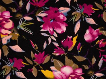 Viskosejersey mit Blüten und Blätter in Pink/Rosa/Beige auf Schwarz